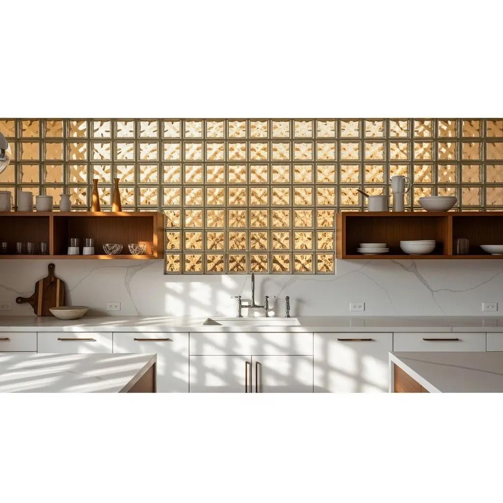 A mid-century kitchen backsplash featuring amber glass blocks stacked in a grid pattern, natural sunlight filtering through