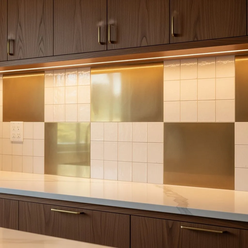 Brushed brass tile backsplash panels interspersed with matte cream tiles