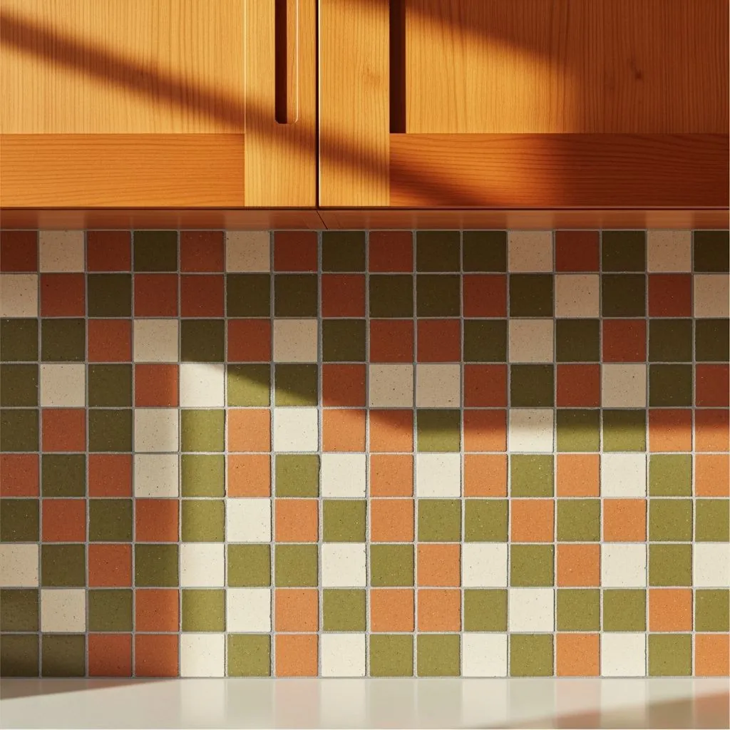 Close-up of a mid-century kitchen backsplash featuring small terracotta, olive green, and cream mosaic tiles