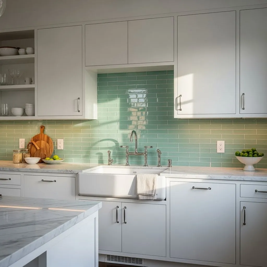 Close-up of glossy seafoam green glass tiles backsplash in a mid-century kitchen