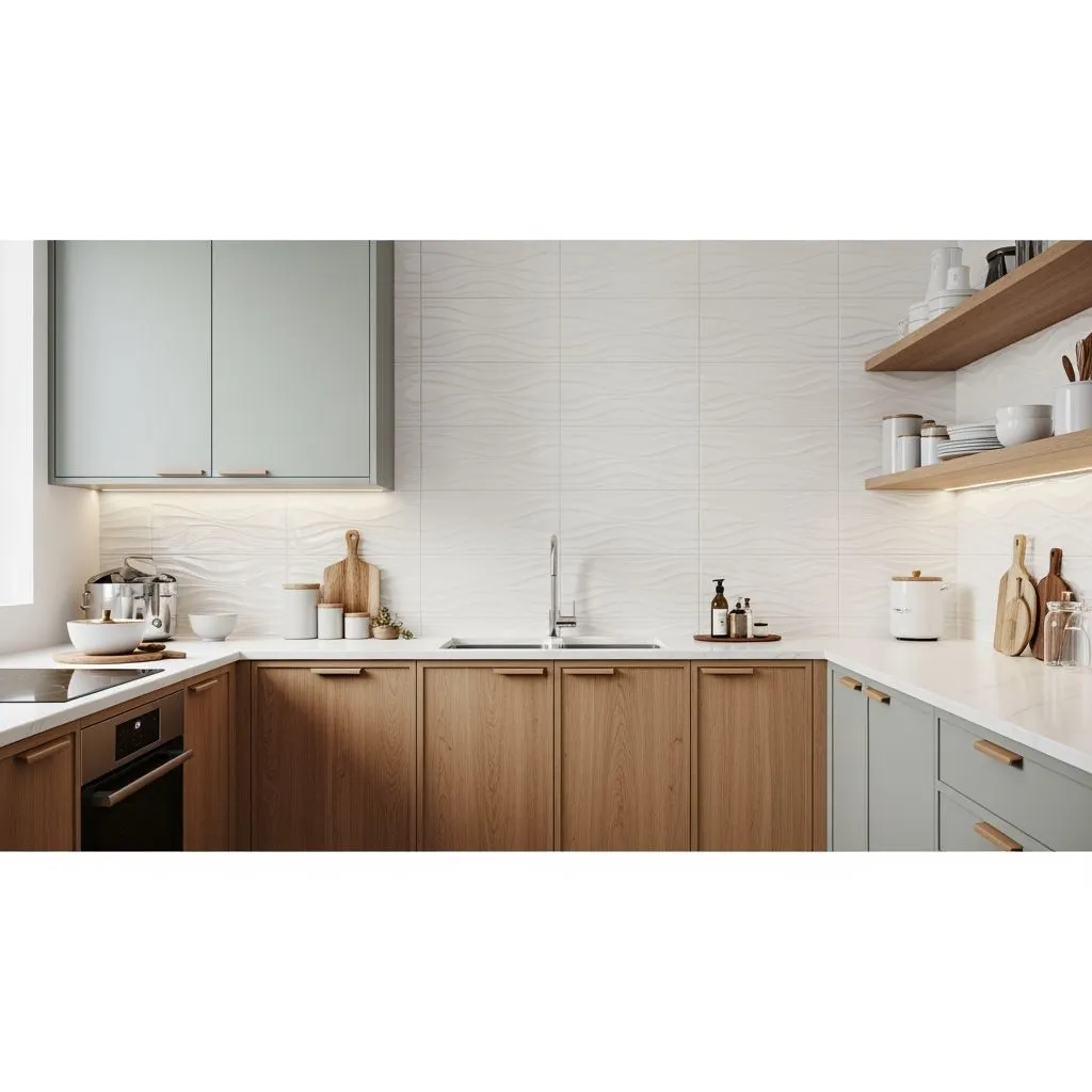 Close-up shot of matte white 3D textured tiles with wave patterns