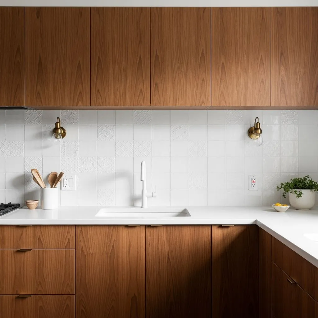 Crisp white square tile backsplash with matte finish