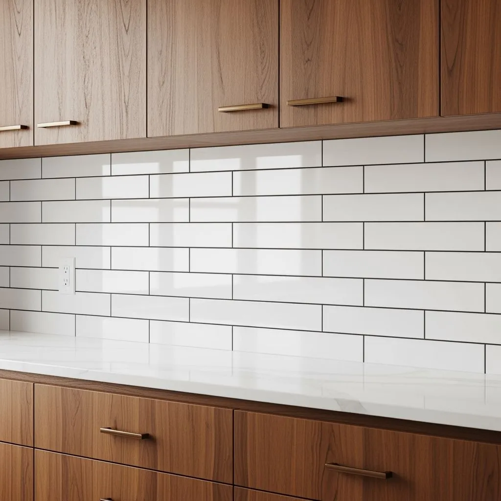 Glossy white subway tiles with jet-black grout lines
