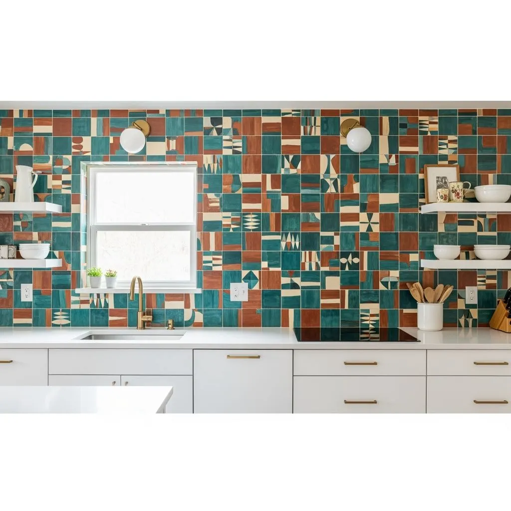 Hand-painted ceramic tiles with abstract mid-century motifs in teal, orange, and cream
