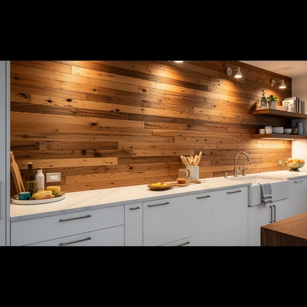 Kitchen backsplash made from reclaimed wood planks with visible grain and knots
