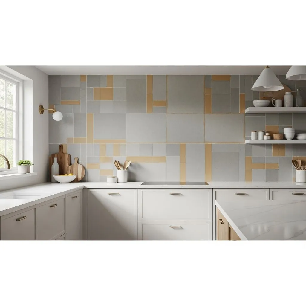 Kitchen shot featuring large tiles with muted geometric mid-century patterns in gray and ochre