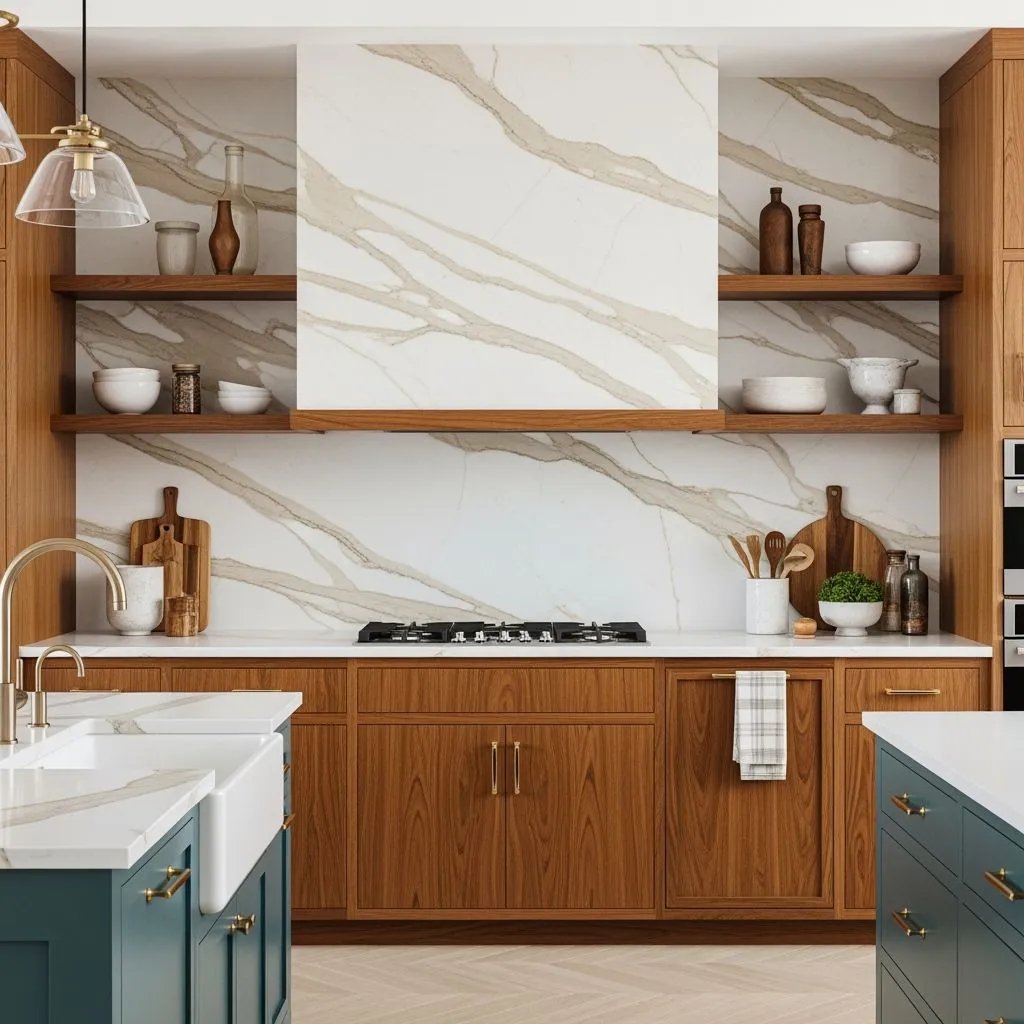 Marble lookalike backsplash with warm beige veins
