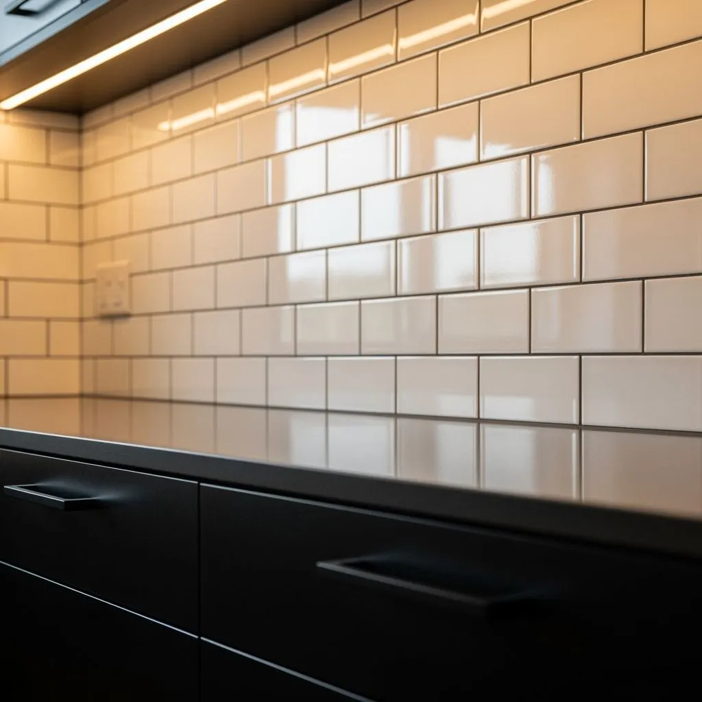 Medium close-up of a mid-century kitchen backsplash with glossy white elongated subway tiles and charcoal grout