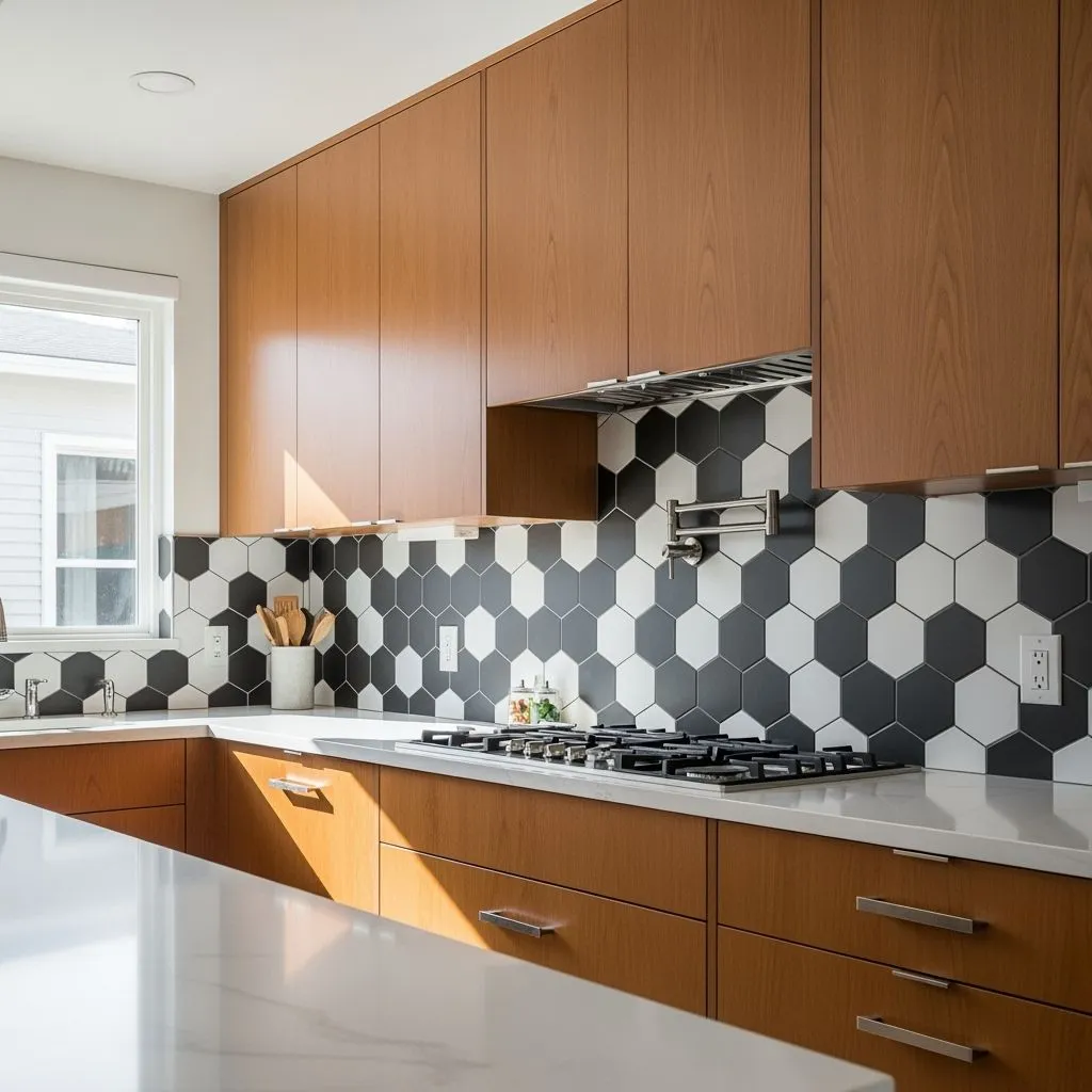 Medium shot of a black and white hexagonal tile backsplash in a mid-century kitchen, bright natural light casting soft shadows