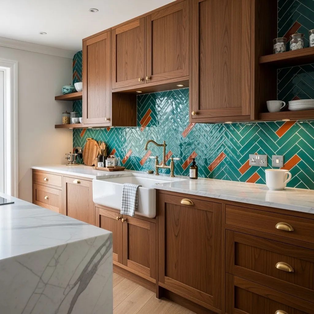 Medium shot of a mid-century backsplash with glossy retro ceramic tiles in vibrant teal and burnt orange