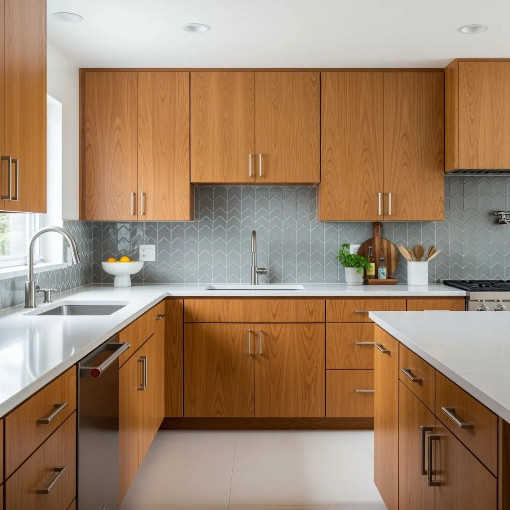 Medium-wide shot of mid-century kitchen backsplash featuring soft gray matte chevron tiles