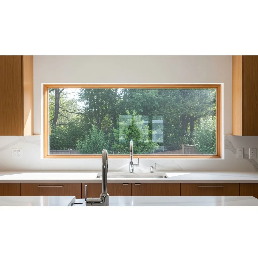 Mid-century kitchen with a horizontal window backsplash behind the sink