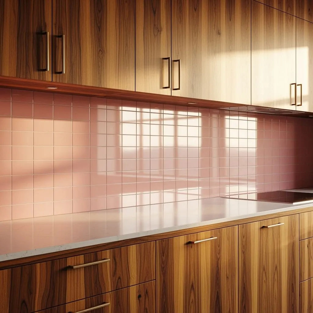 Pastel pink glossy subway tile backsplash, warm