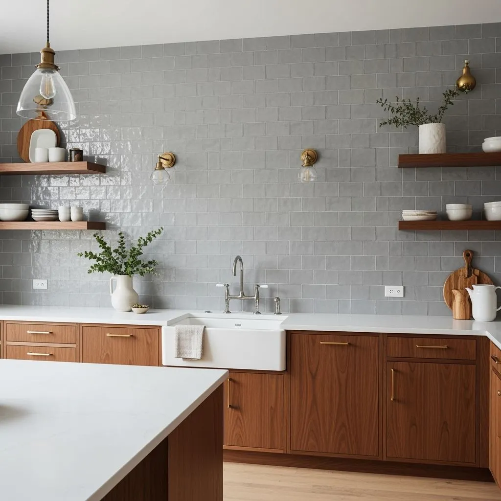 Soft gray matte tile backsplash, diffuse lighting emphasizing texture