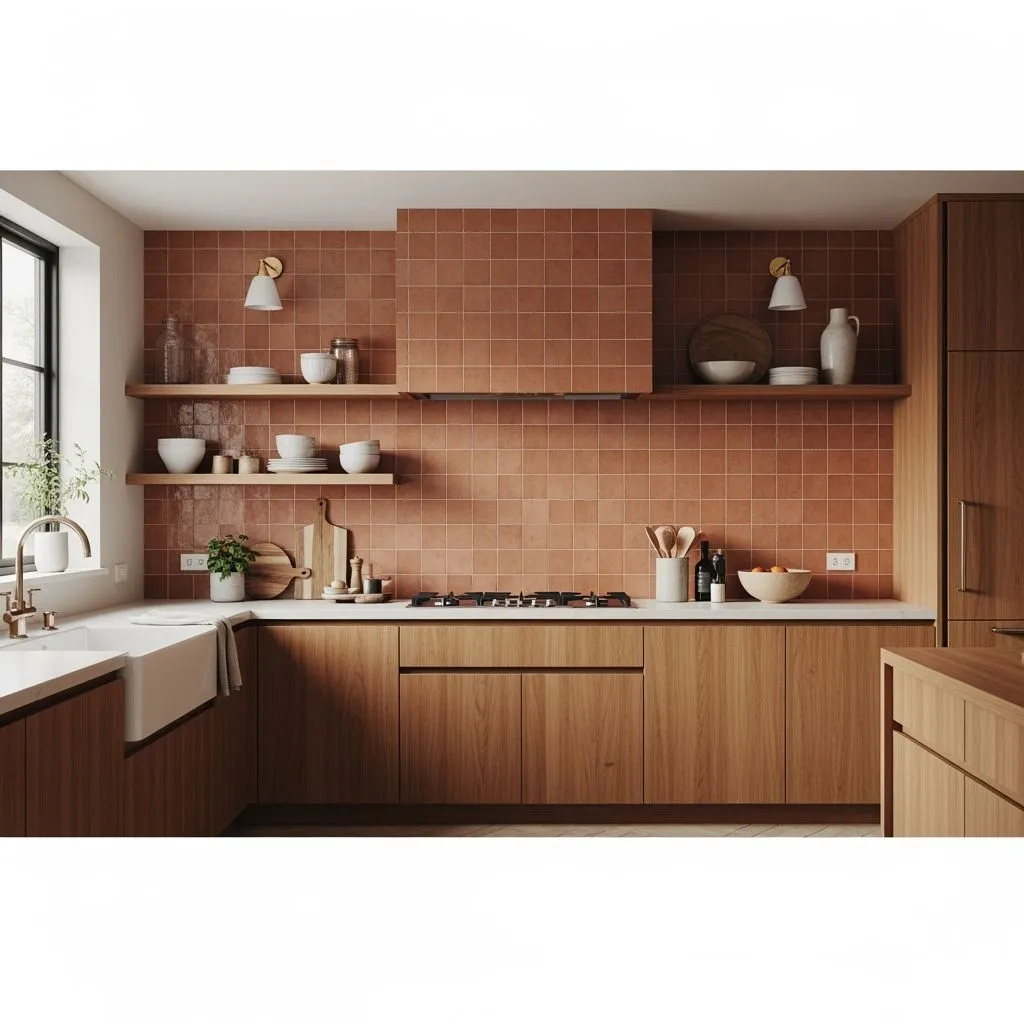 Terracotta matte tile backsplash with subtle texture