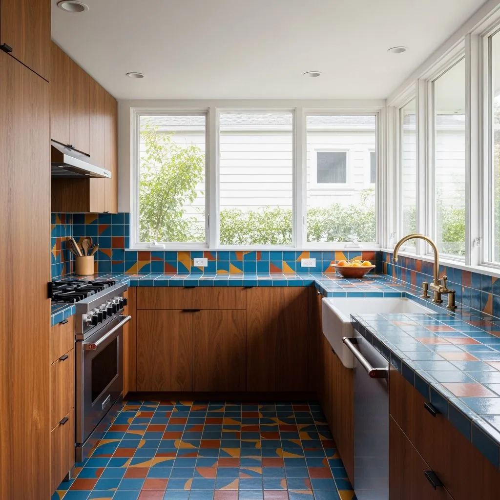 Wide-angle kitchen shot featuring a mid-century modern backsplash with colorful geometric tiles in vibrant blue, burnt orange, and mustard yellow