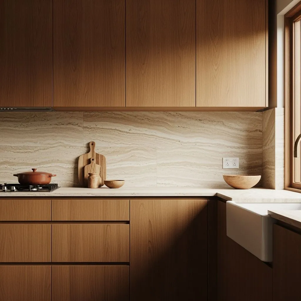 Wide shot of a mid-century kitchen showcasing a backsplash of honed travertine tiles with soft beige and cream veins